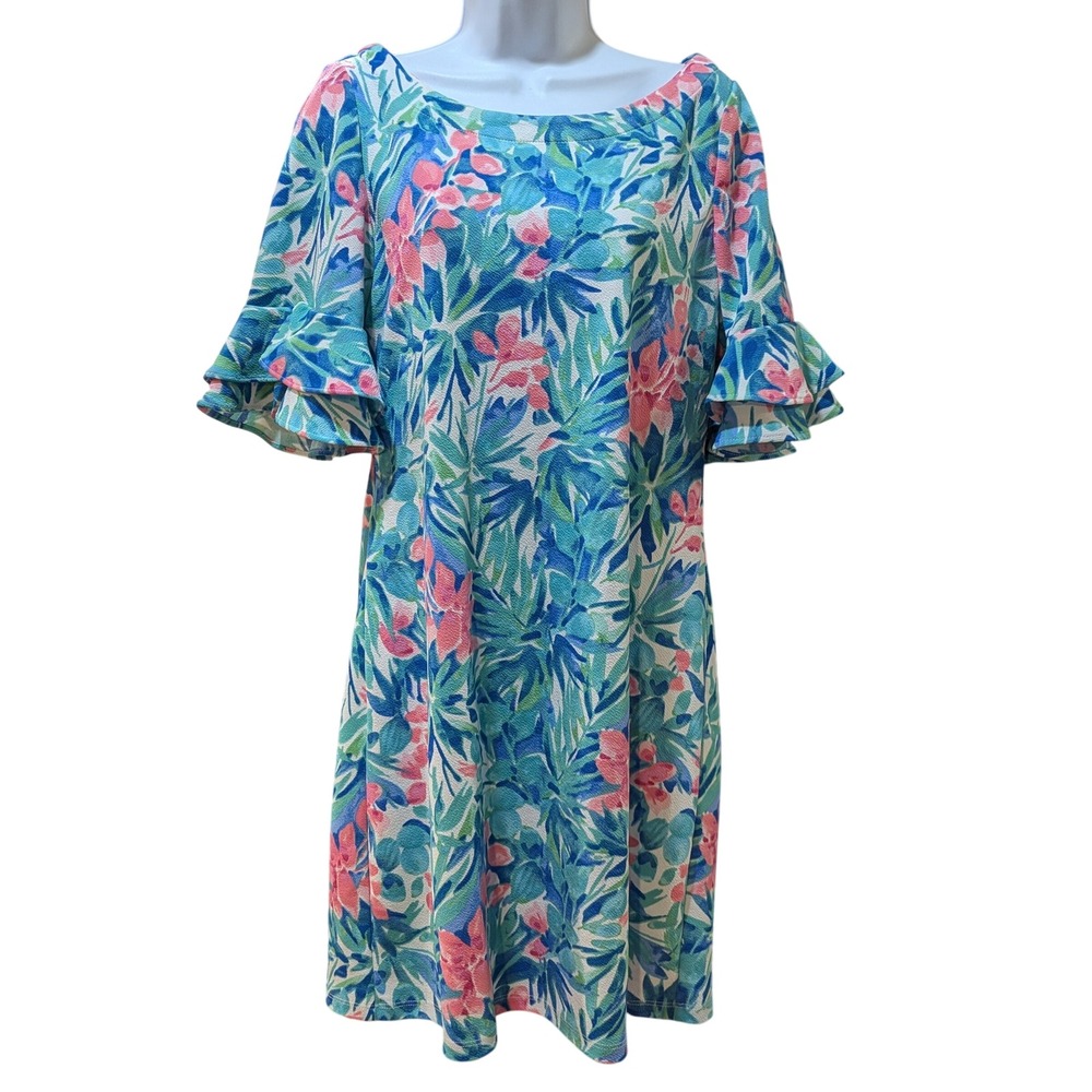 Pappagallo Women Erica Tropical Floral Ruffle Bell Sleeve Shift Dress Medium